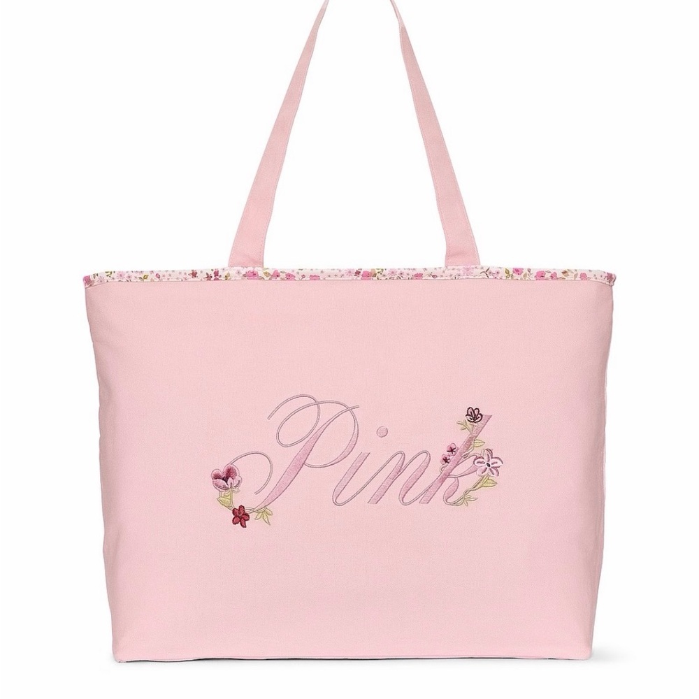 Pink VS Floral Embroidered Tote Bag - Picture 1 of 2